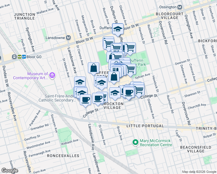 map of restaurants, bars, coffee shops, grocery stores, and more near 403 Brock Avenue in Toronto