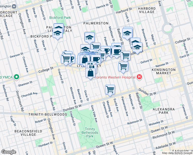 map of restaurants, bars, coffee shops, grocery stores, and more near 22 Mansfield Avenue in Toronto