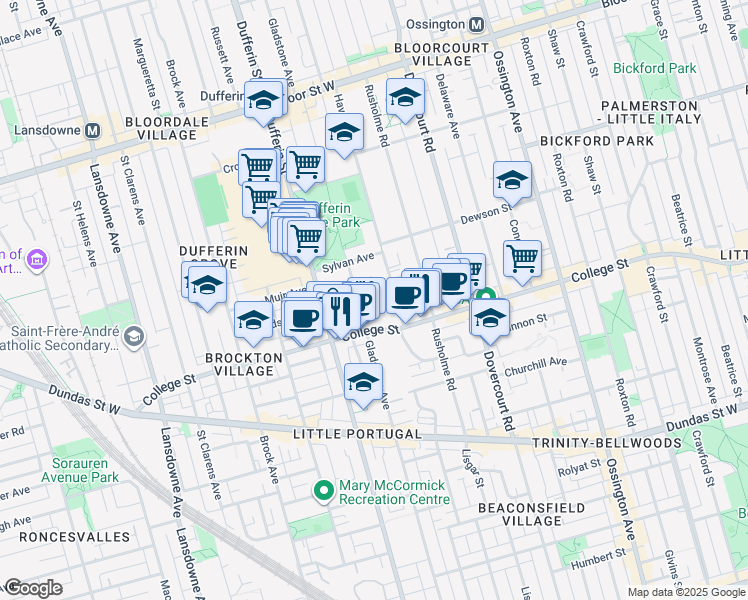 map of restaurants, bars, coffee shops, grocery stores, and more near 9 Lindsey Avenue in Toronto