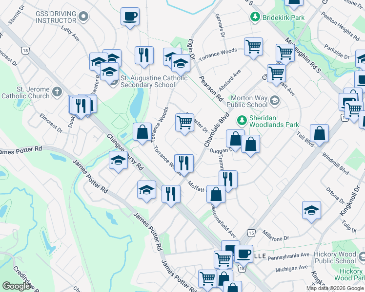 map of restaurants, bars, coffee shops, grocery stores, and more near 60 Brookfield Court in Brampton