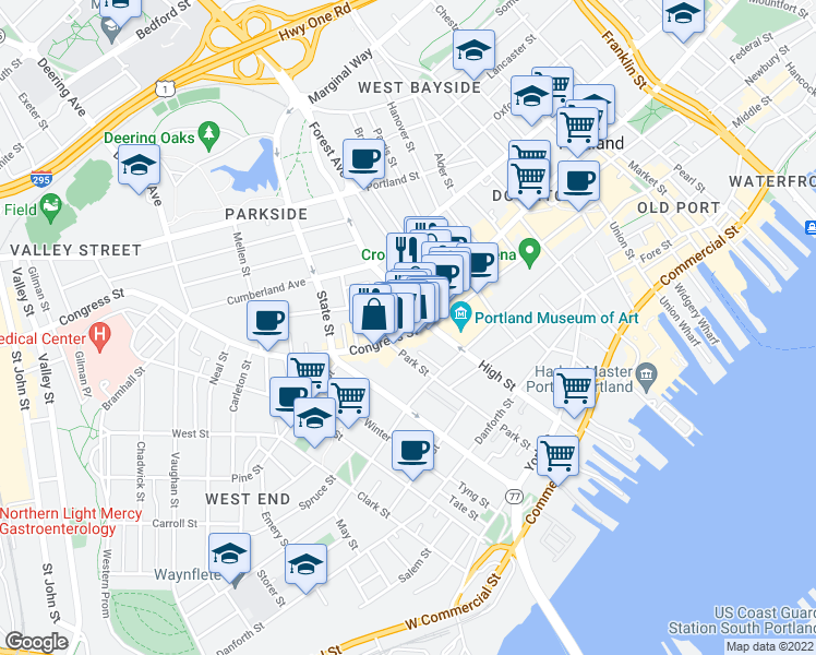 map of restaurants, bars, coffee shops, grocery stores, and more near 617 Congress Street in Portland