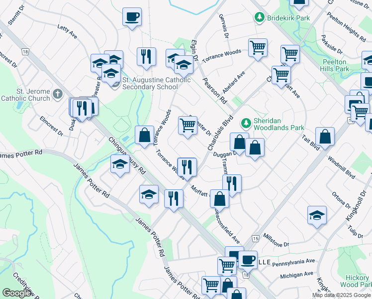 map of restaurants, bars, coffee shops, grocery stores, and more near 60 Brookfield Court in Brampton