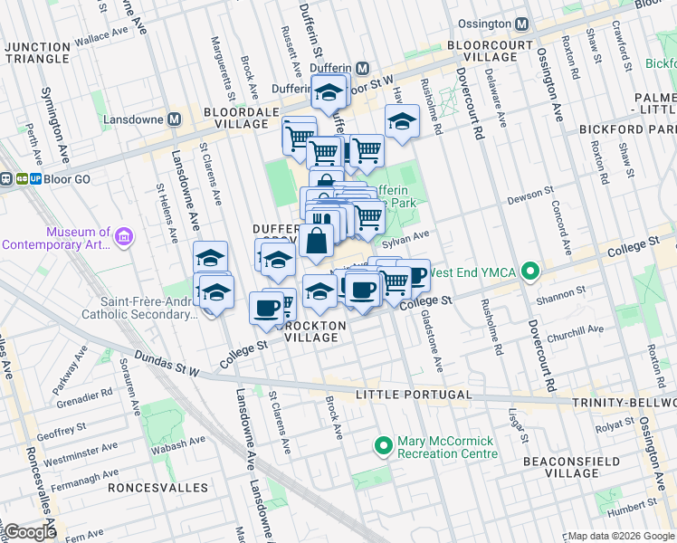 map of restaurants, bars, coffee shops, grocery stores, and more near Muir Avenue in Toronto