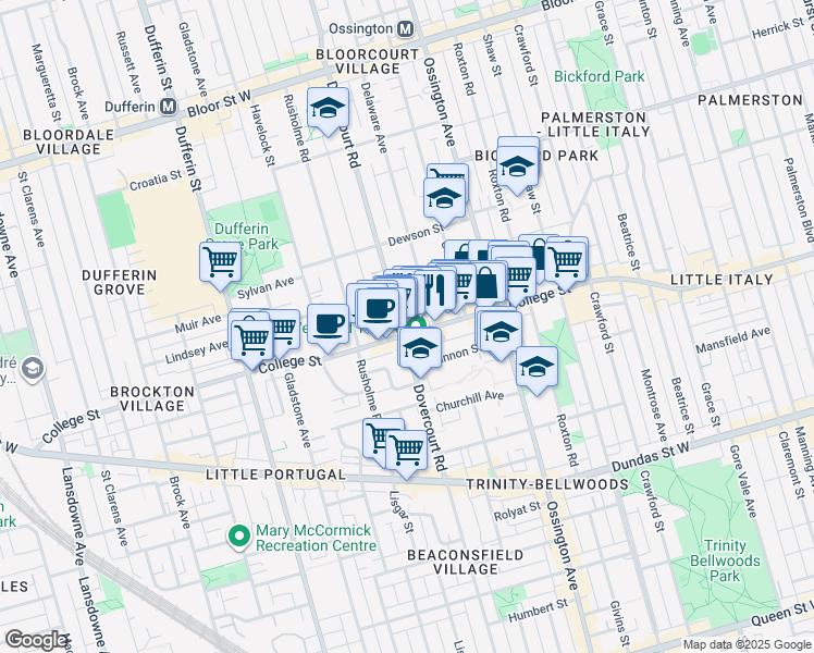 map of restaurants, bars, coffee shops, grocery stores, and more near 443 Dovercourt Road in Toronto