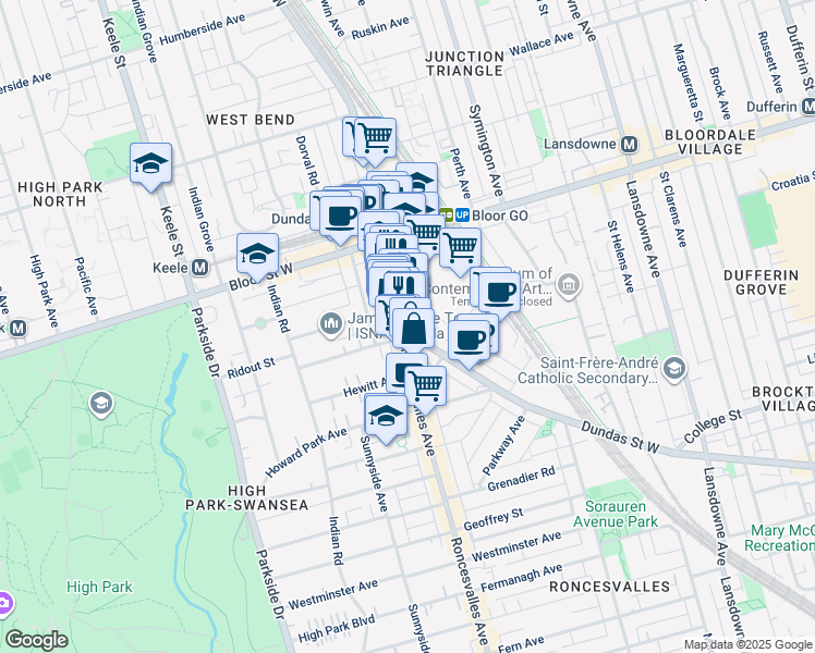 map of restaurants, bars, coffee shops, grocery stores, and more near in Toronto