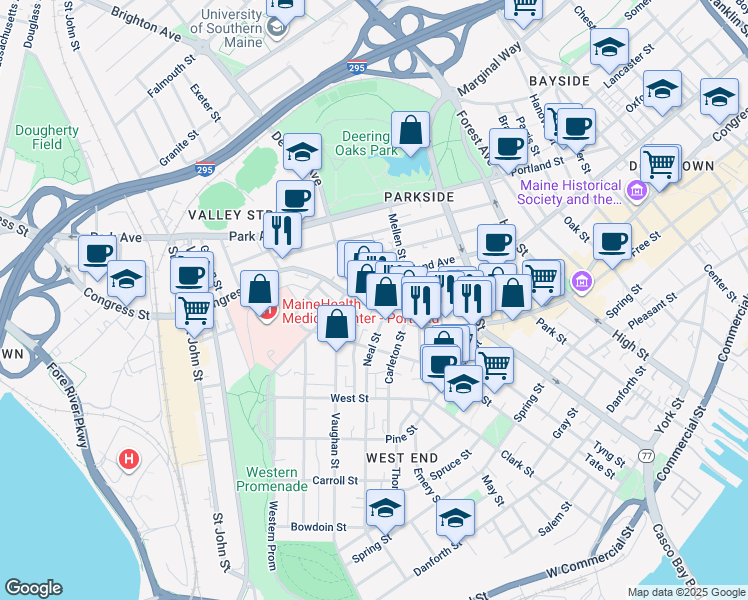 map of restaurants, bars, coffee shops, grocery stores, and more near 773 Congress Street in Portland