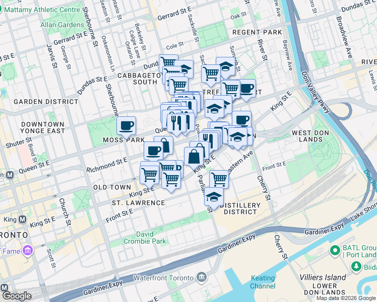 map of restaurants, bars, coffee shops, grocery stores, and more near in Toronto