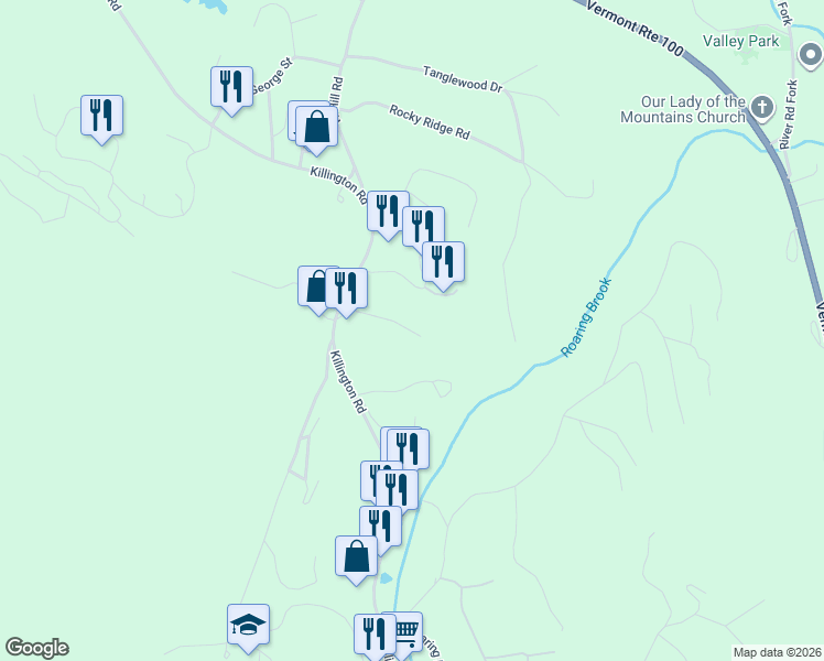 map of restaurants, bars, coffee shops, grocery stores, and more near 141 South View Path in Killington