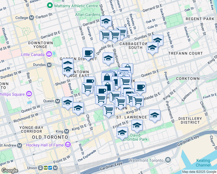map of restaurants, bars, coffee shops, grocery stores, and more near 173 Queen Street East in Toronto