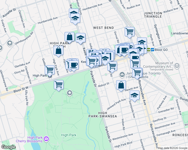 map of restaurants, bars, coffee shops, grocery stores, and more near 505 Parkside Drive in Toronto