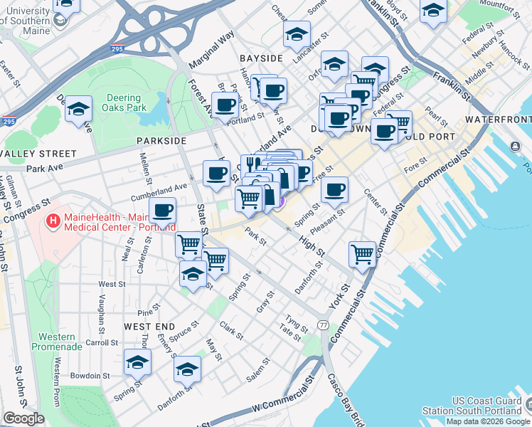 map of restaurants, bars, coffee shops, grocery stores, and more near 576A Congress Street in Portland