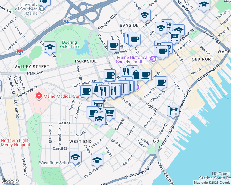 map of restaurants, bars, coffee shops, grocery stores, and more near 21 Deering Street in Portland