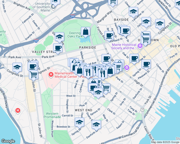 map of restaurants, bars, coffee shops, grocery stores, and more near 57 Deering Street in Portland