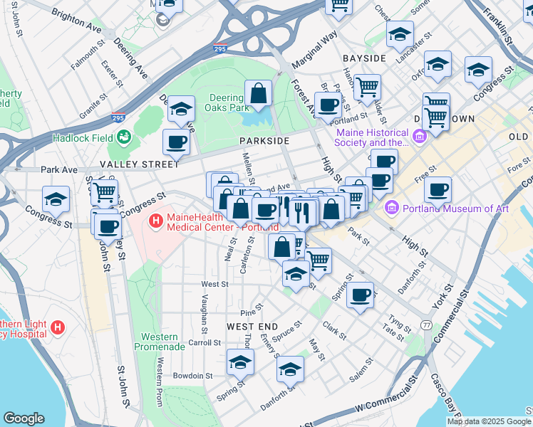 map of restaurants, bars, coffee shops, grocery stores, and more near 57 Deering Street in Portland