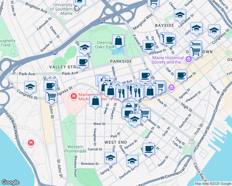 map of restaurants, bars, coffee shops, grocery stores, and more near 42 Mellen Street in Portland