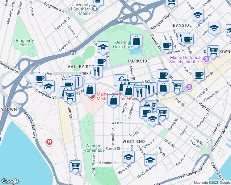 map of restaurants, bars, coffee shops, grocery stores, and more near 819 Congress Street in Portland