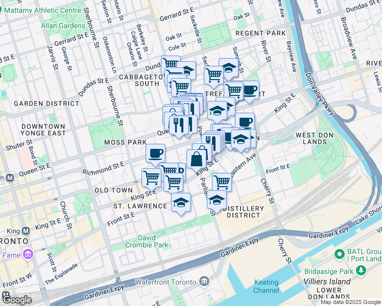 map of restaurants, bars, coffee shops, grocery stores, and more near in Toronto