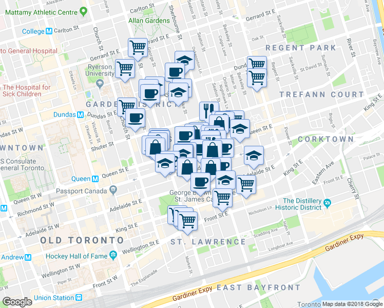 map of restaurants, bars, coffee shops, grocery stores, and more near in Toronto