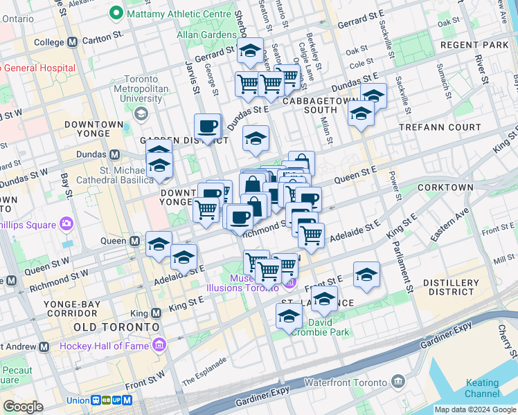 map of restaurants, bars, coffee shops, grocery stores, and more near in Toronto