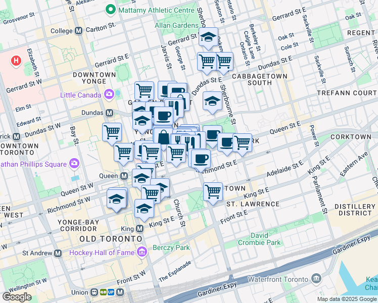 map of restaurants, bars, coffee shops, grocery stores, and more near in Toronto