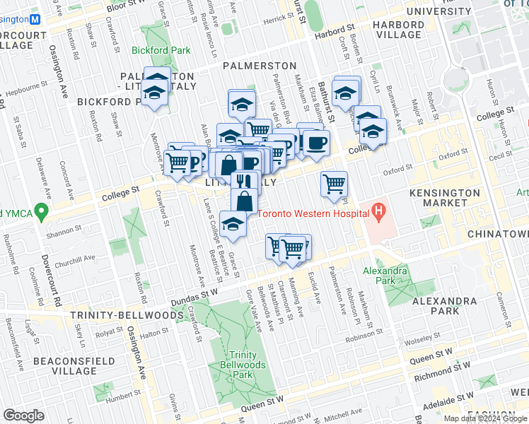 map of restaurants, bars, coffee shops, grocery stores, and more near in Toronto