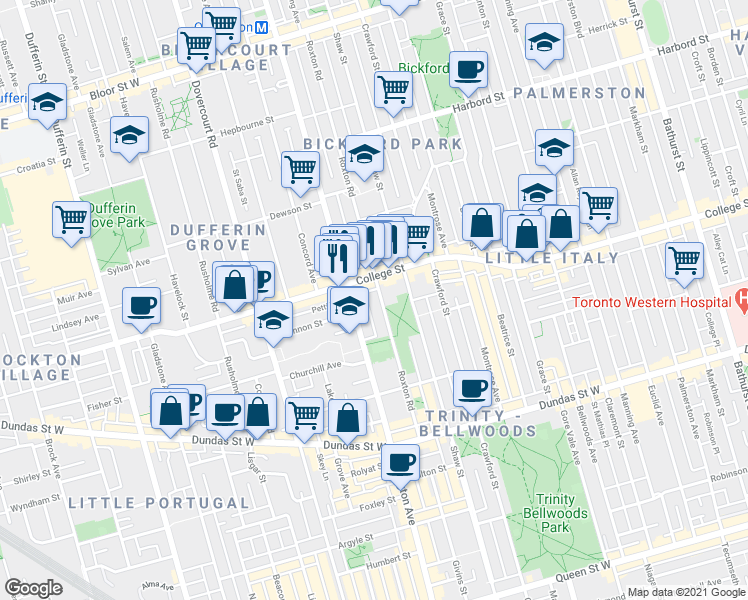 map of restaurants, bars, coffee shops, grocery stores, and more near 807-815 College Street in Toronto