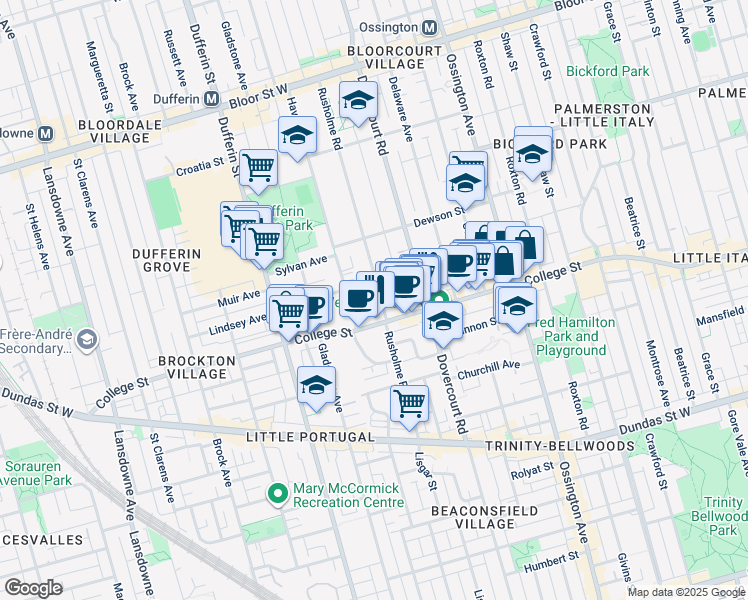 map of restaurants, bars, coffee shops, grocery stores, and more near in Toronto