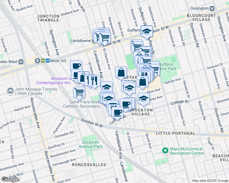 map of restaurants, bars, coffee shops, grocery stores, and more near in Toronto