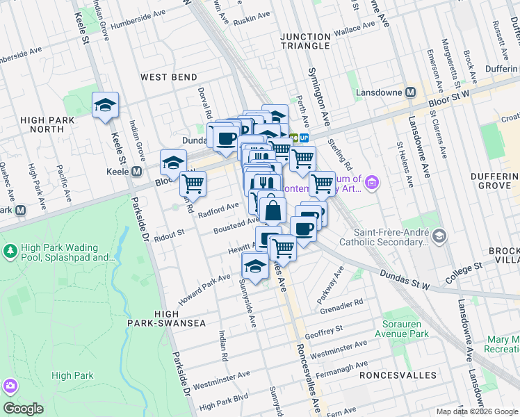 map of restaurants, bars, coffee shops, grocery stores, and more near in Toronto