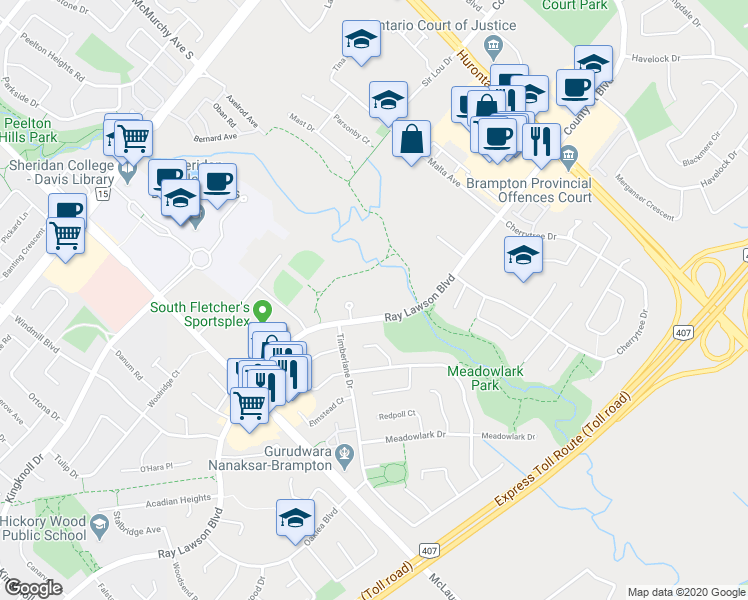 map of restaurants, bars, coffee shops, grocery stores, and more near in Brampton