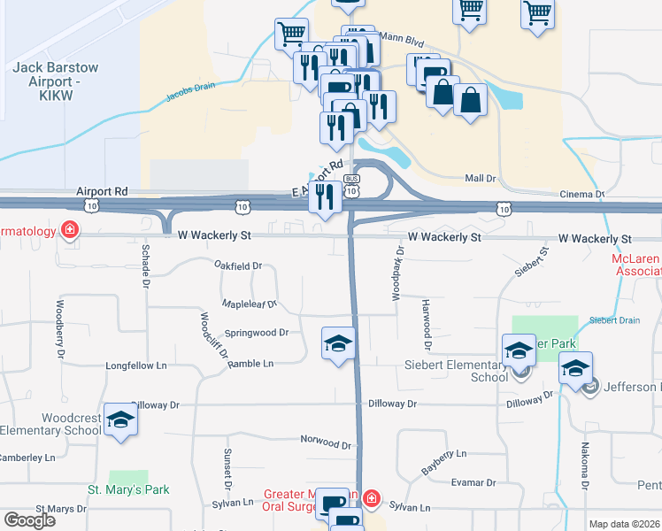 map of restaurants, bars, coffee shops, grocery stores, and more near 6225 Eastman Avenue in Midland