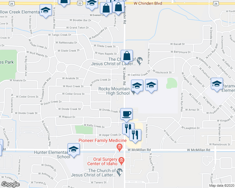 map of restaurants, bars, coffee shops, grocery stores, and more near North Landon Creek Place in Meridian