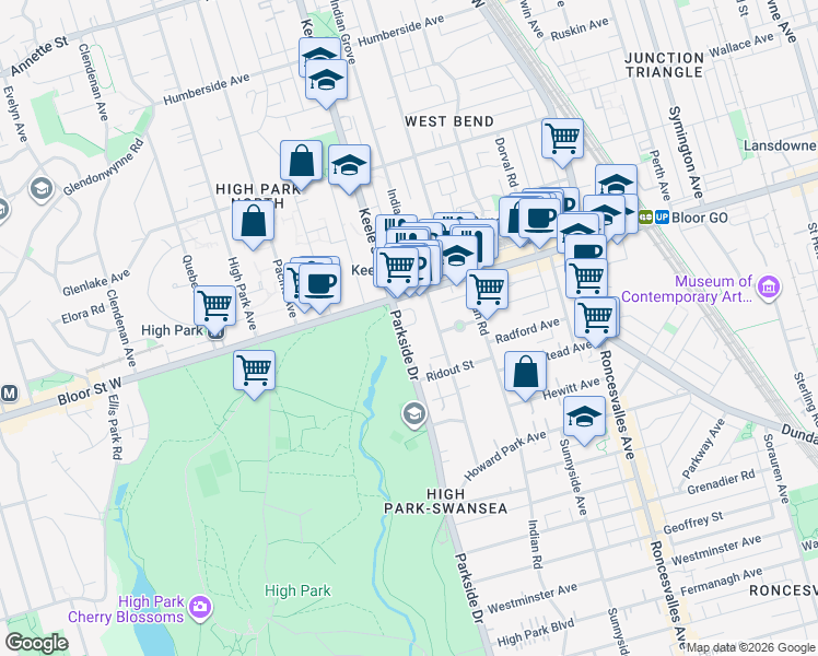 map of restaurants, bars, coffee shops, grocery stores, and more near 505 Parkside Drive in Toronto