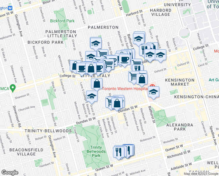 map of restaurants, bars, coffee shops, grocery stores, and more near 305 Manning Avenue in Toronto