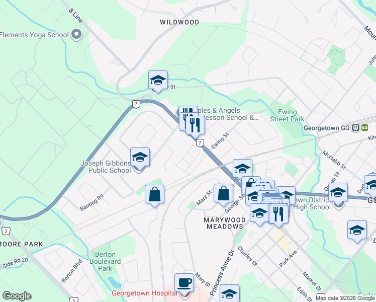 map of restaurants, bars, coffee shops, grocery stores, and more near Jersey Lane in Georgetown