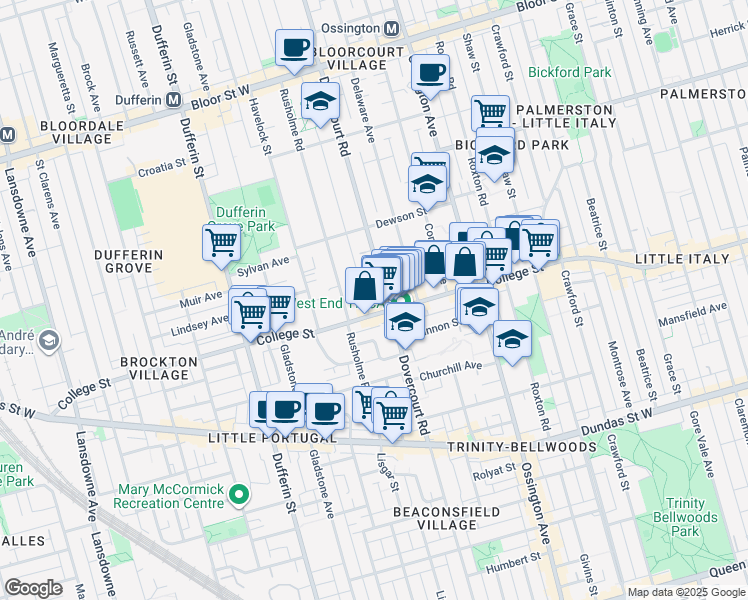 map of restaurants, bars, coffee shops, grocery stores, and more near 466 Dovercourt Road in Toronto