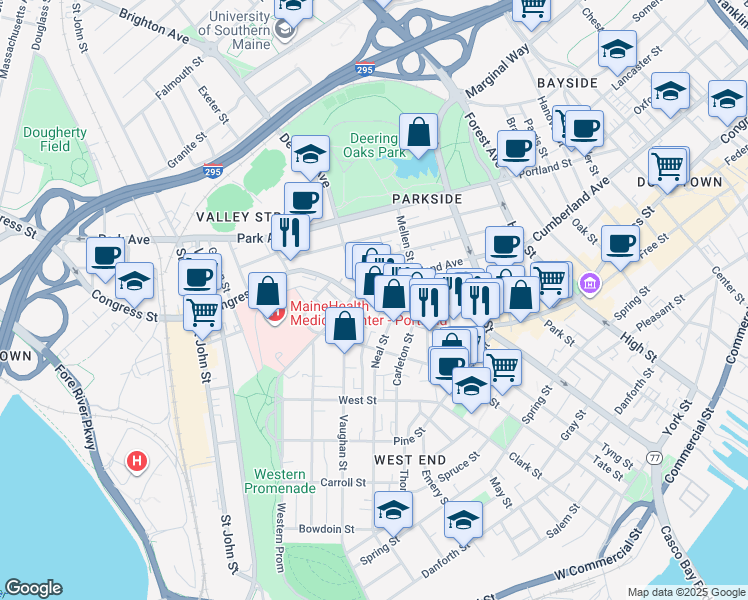map of restaurants, bars, coffee shops, grocery stores, and more near 563 Cumberland Avenue in Portland