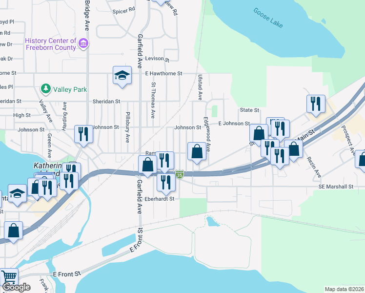 map of restaurants, bars, coffee shops, grocery stores, and more near 603 Saint Peter Avenue in Albert Lea