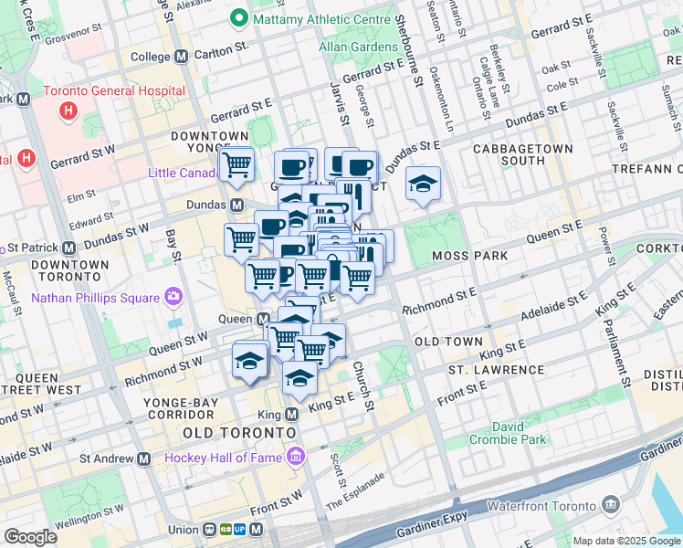 map of restaurants, bars, coffee shops, grocery stores, and more near in Toronto
