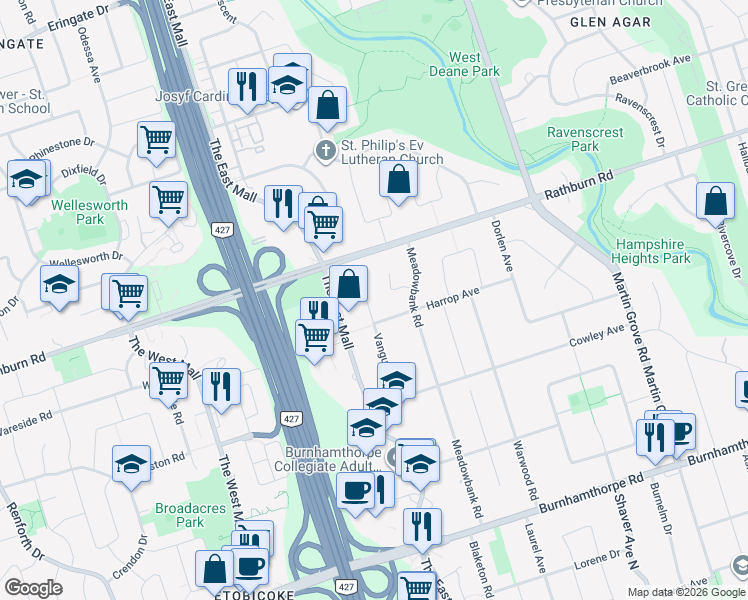 map of restaurants, bars, coffee shops, grocery stores, and more near 53 Vanguard Drive in Toronto
