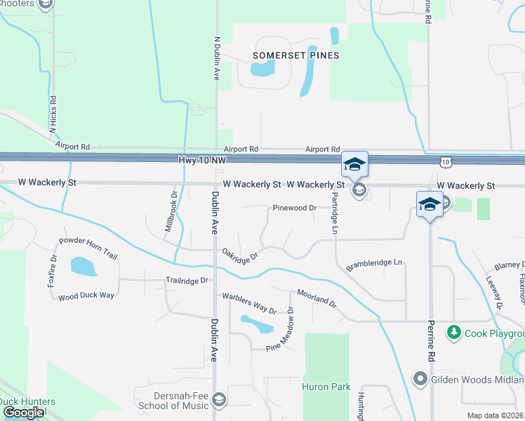 map of restaurants, bars, coffee shops, grocery stores, and more near 4804 Pinewood Drive in Midland
