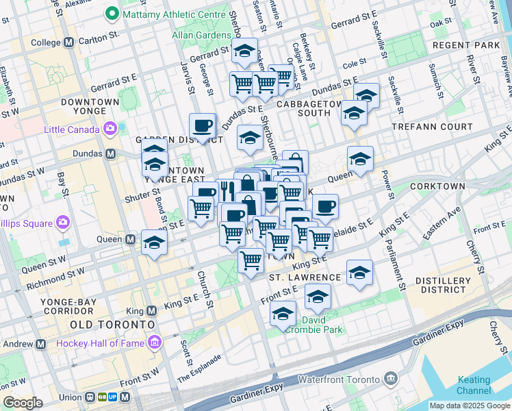 map of restaurants, bars, coffee shops, grocery stores, and more near in Toronto