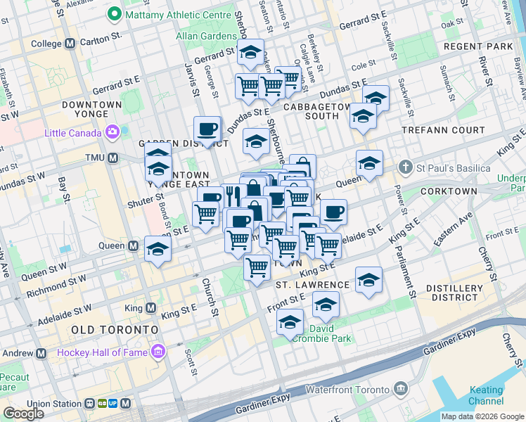 map of restaurants, bars, coffee shops, grocery stores, and more near 10 Britain Street in Toronto