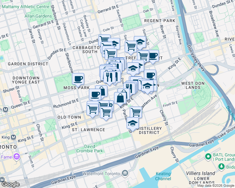 map of restaurants, bars, coffee shops, grocery stores, and more near 120 Parliament Street in Toronto