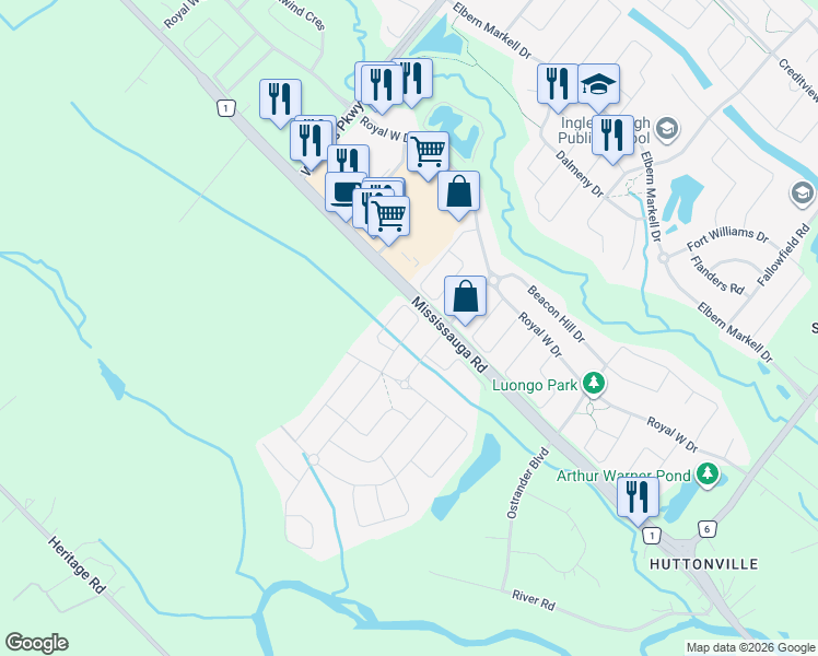 map of restaurants, bars, coffee shops, grocery stores, and more near 44 Lyle Way in Brampton
