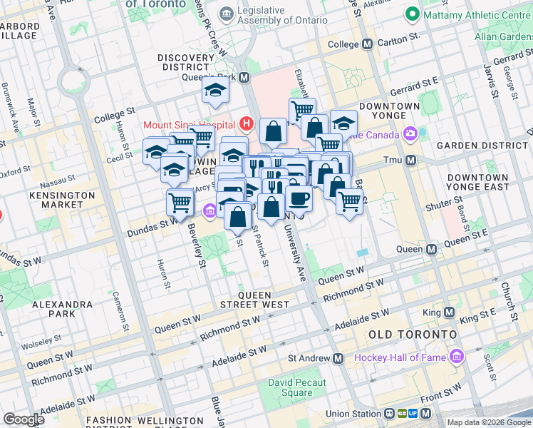 map of restaurants, bars, coffee shops, grocery stores, and more near 248 Simcoe Street in Toronto