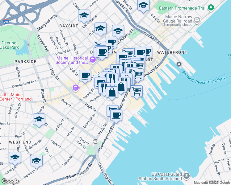 map of restaurants, bars, coffee shops, grocery stores, and more near 14 York Street in Portland