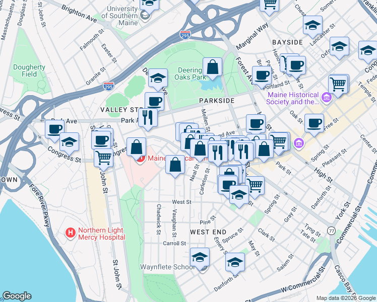 map of restaurants, bars, coffee shops, grocery stores, and more near 563 Cumberland Avenue in Portland