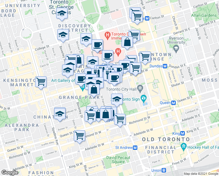 map of restaurants, bars, coffee shops, grocery stores, and more near 426 University Avenue in Toronto