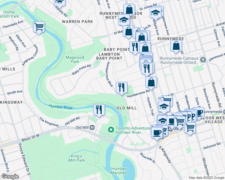 map of restaurants, bars, coffee shops, grocery stores, and more near 2 Humbercrest Boulevard in Toronto